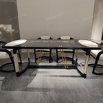 Marble-End Dining Table with Dark Glossy Center and Woven Leather-Wrapped Legs